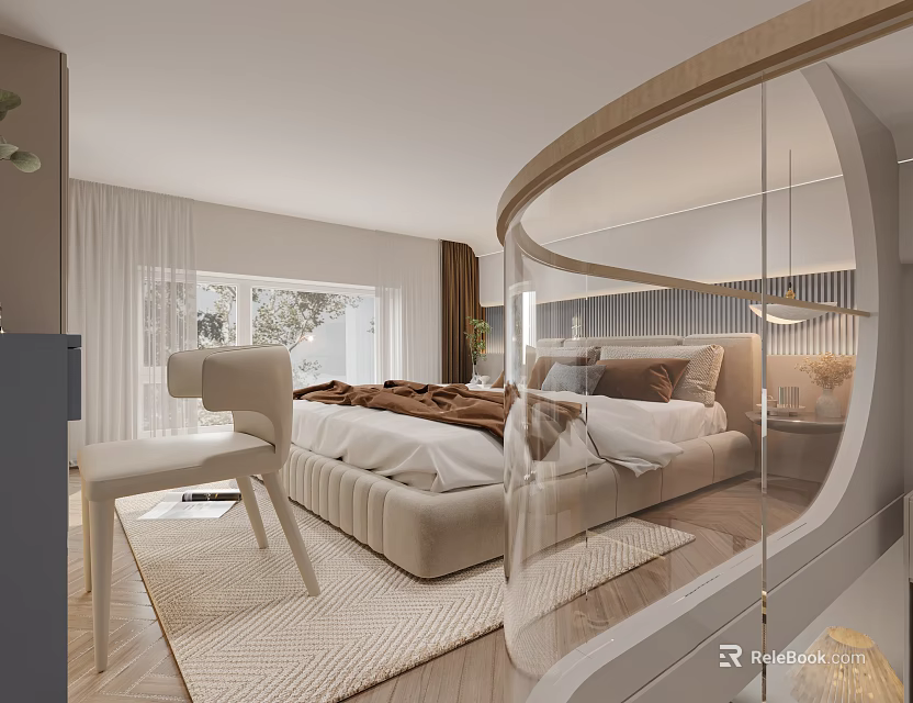 Elegant Duplex Living Room Interior With Beige Sofa Chair Light Rug And Arched Mirror 3d model 