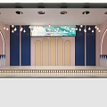 Modern Banquet Hall Featuring Blue Pink Walls Large Decorative Pendant Lights White Chairs And Round Tables