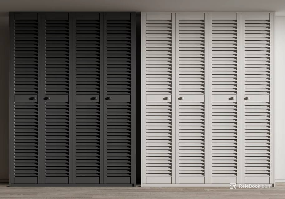 Modern Wardrobe With Louvered Doors In Black And White Colors 3d model 