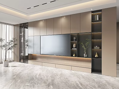 Modern Living Room TV Wall Cabinet With Open Shelves And Decorative Plants 3d model