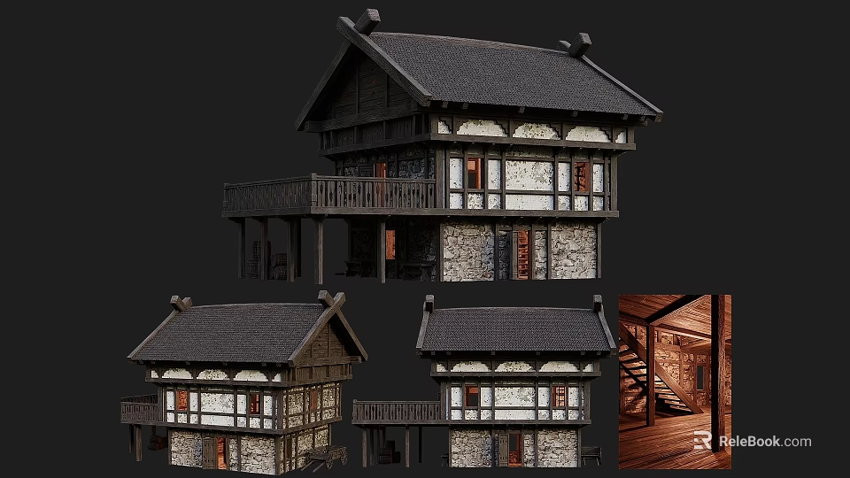 Ancient Chinese Traditional Architecture With Wooden Structure Stone Walls Balcony And Staircase Views 3d model 