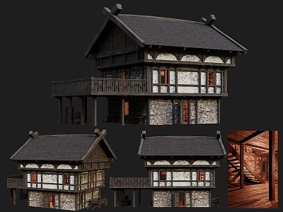 Ancient Chinese Traditional Architecture With Wooden Structure Stone Walls Balcony And Staircase Views 3d model