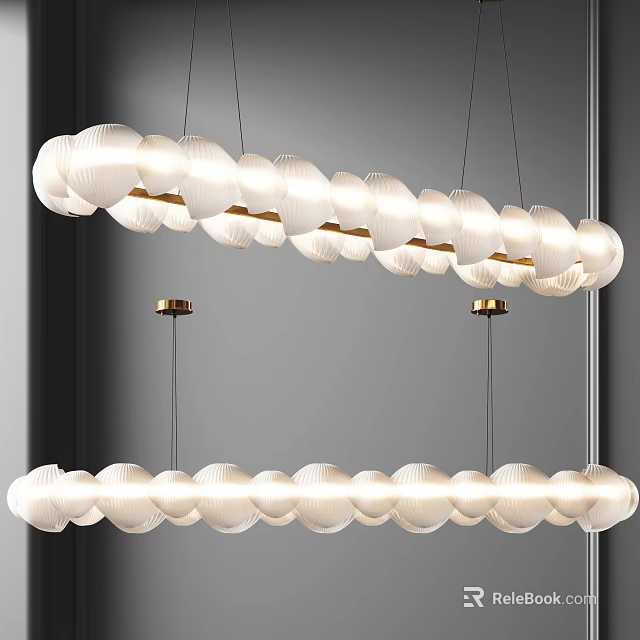 Two Hanging Modern Chandeliers With White Cloud Like Shades And Gold Metal Accents 3d model 