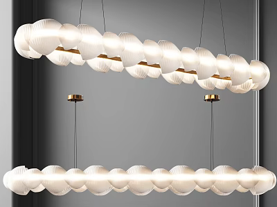 Two Hanging Modern Chandeliers With White Cloud Like Shades And Gold Metal Accents 3d model