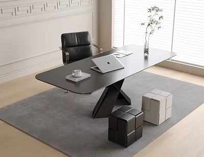 Modern Desk with Laptop Coffee Cup Plant on Grey Rug near Window and Leather Chair 3d model