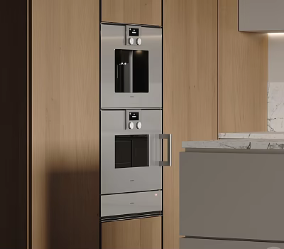 Modern Kitchen Interior With Built in Stainless Steel Appliances And Wooden Cabinets 3d model