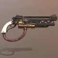Steampunk Weapon Pistol with Metallic Barrel White Grip and Mechanical Details in Retro Futuristic Design