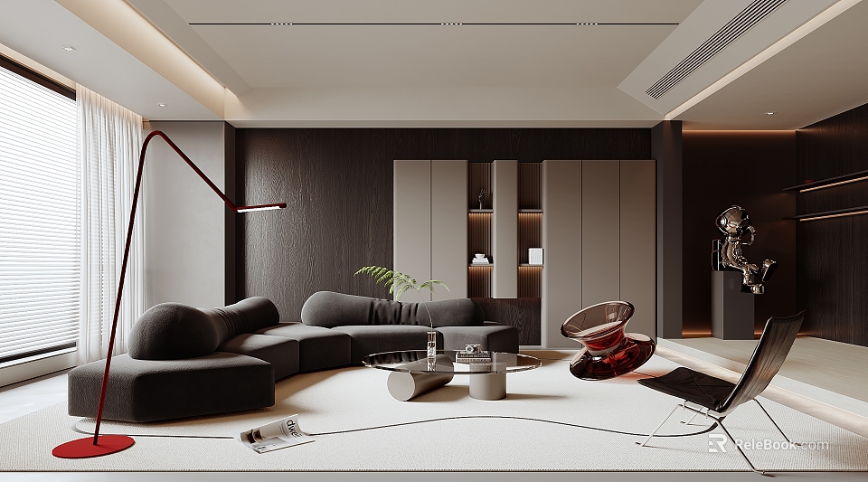 Modern Living Room Interior With Dark Gray Sofa Floor Lamp Green Plant And Coffee Table 3d model 