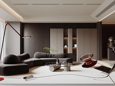 Modern Living Room Interior With Dark Gray Sofa Floor Lamp Green Plant And Coffee Table 3d model