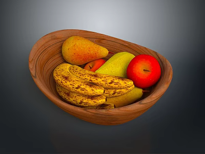 Wooden Fruit Bowl With Bananas Pears And Red Apple For Home Use 3d model