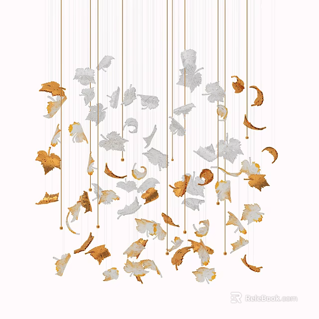Natural Leaf Shaped Chandelier With Hanging Gold White Orange Decorative Elements 3d model
