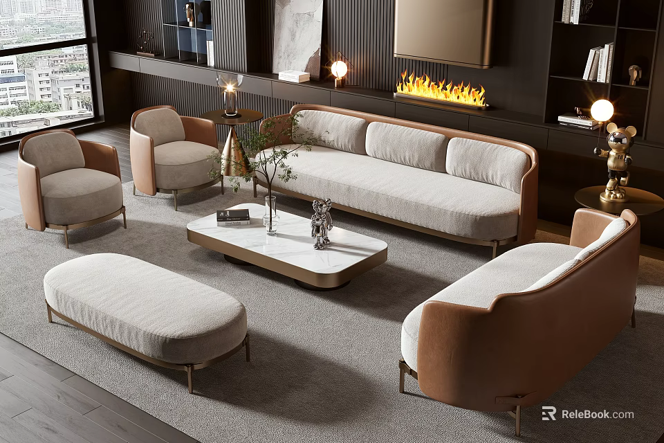 Modern Elegant Sofa and Coffee Table Set With Light Fabric Metal Legs and Marble Top 3d model 