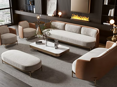 Modern Elegant Sofa and Coffee Table Set With Light Fabric Metal Legs and Marble Top 3d model
