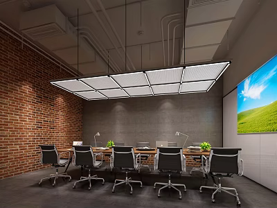 Modern Conference Room With Brick Wall Long Table Black Office Chairs And Large Screen 3d model