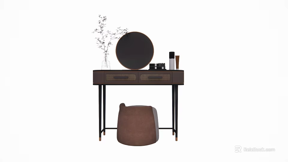 Modern Dressing Table With Round Mirror Decorative Vase Cosmetic Items And Stool 3d model