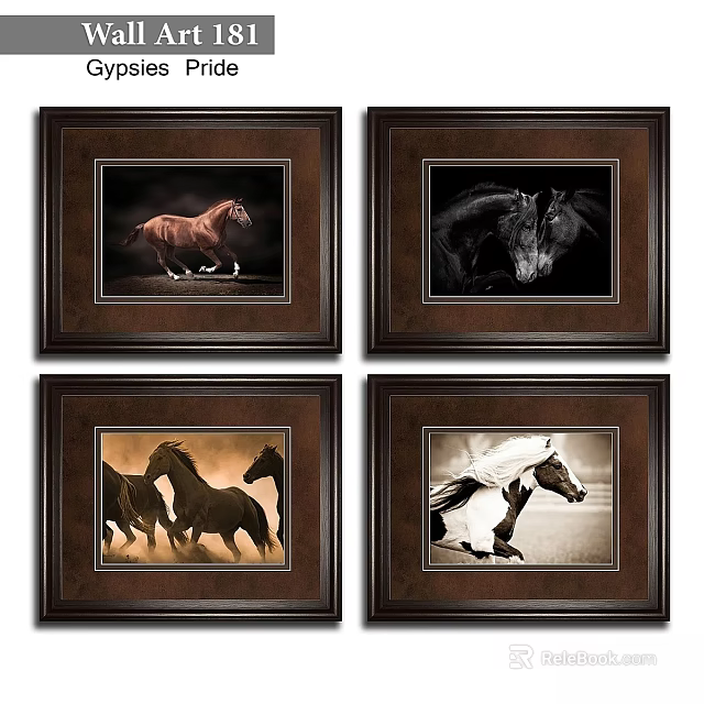 Four Dark Brown Decorative Frames With Horse Photos For Wall 3d model