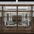 Elegant Chinese Style Lounge With Wooden Tea Table Green Chairs Arched Doorways And Display Shelves
