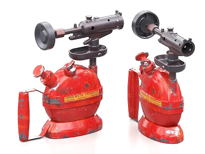 Pair of Red Vintage Fire Fighting Equipment With Metal Fire Monitors 3d model
