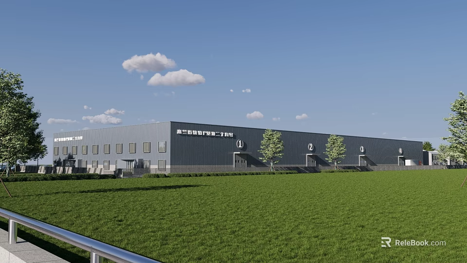 Modern Industrial Factory Building With Gray Exterior Green Lawn Trees Blue Sky And White Clouds 3d model 