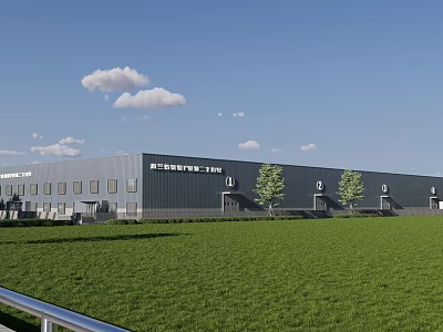 Modern Industrial Factory Building With Gray Exterior Green Lawn Trees Blue Sky And White Clouds 3d model