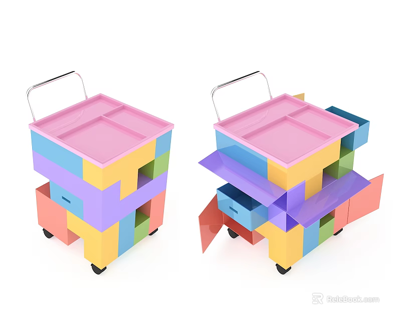 Colorful Side Table With Block Structure Handle Drawer And Wheels 3d model