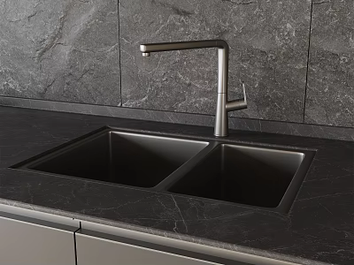 Modern Double Bowl Kitchen Sink With Stainless Steel Faucet On Black Marble Countertop 3d model