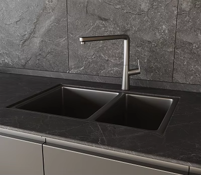 Modern Double Bowl Kitchen Sink With Stainless Steel Faucet On Black Marble Countertop 3d model