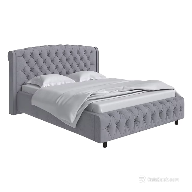 Gray Tufted Double Bed with Upholstered Headboard and White Bed Linens 3d model