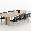 Modern Office Wooden Table With Multiple Black Chairs And Tablet On Surface 3d model