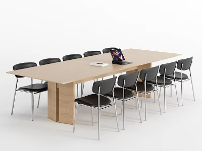 Modern Office Wooden Table With Multiple Black Chairs And Tablet On Surface 3d model
