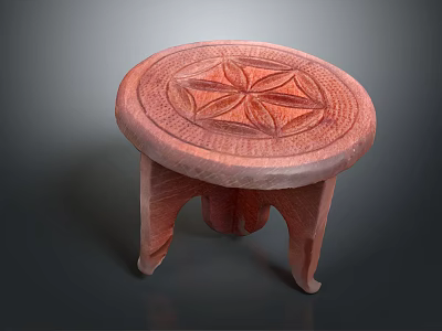 Handcrafted Red Wooden Stool With Round Top Intricate Carved Pattern And Three Legs 3d model