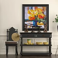 Traditional Black Wooden Console Table And Side Cabinet With Decorative Items Chair Painting And Plant