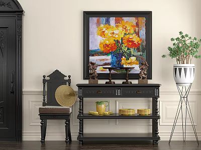 Traditional Black Wooden Console Table And Side Cabinet With Decorative Items Chair Painting And Plant 3d model