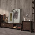 Wooden TV Stand With Storage Drawers And Framed Art Decorative Items