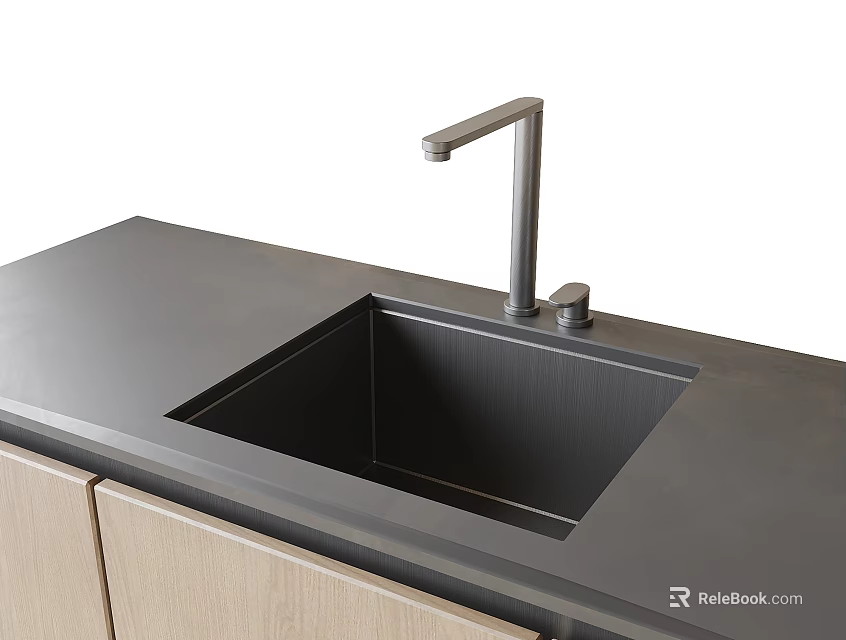 Modern Black Bathroom Sink With Silver Faucet On Gray Countertop And Wooden Cabinets 3d model 