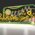 Floral Installation With Green Curved Frame Yellow Sunflowers Sun Pattern People Viewing Facing Sun