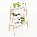 Three Tiered Wooden Ladder Shelf For Indoor Garden Decor With Green Plants And Books