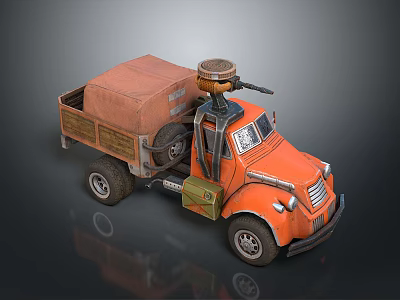 Orange Vintage Truck With Open Bed Canvas Covered Cargo Roof Mounted Gun Retro Military Style 3d model
