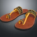 Brown Leather Slippers With Black And Yellow Decorative Patterns On Straps 3d model