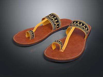 Brown Leather Slippers With Black And Yellow Decorative Patterns On Straps 3d model