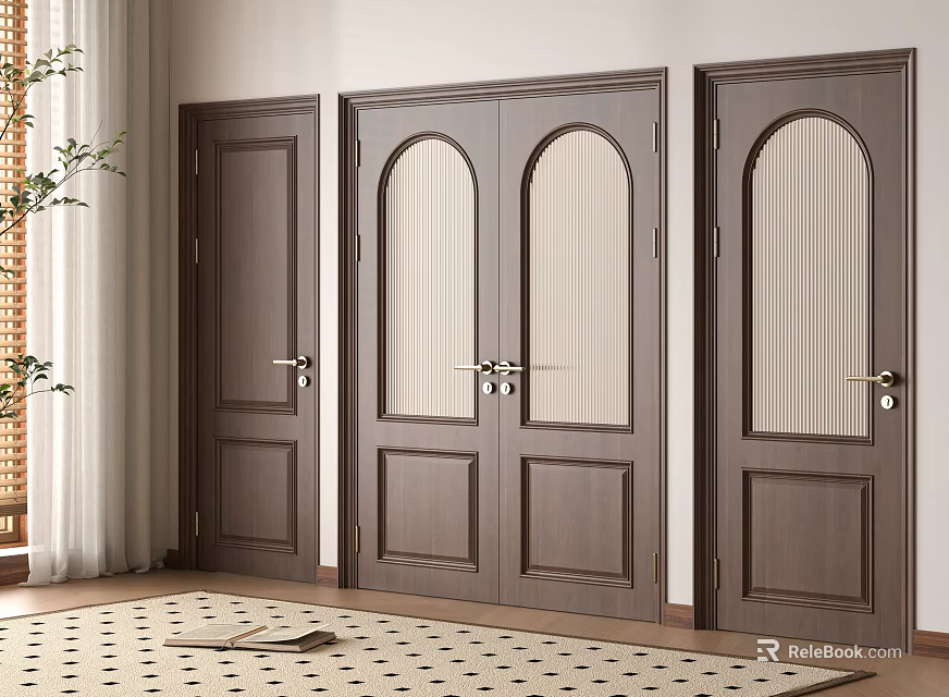 Stylish Brown Wooden Double Doors With Arched Glass Panels In Interior Space Design 3d model 