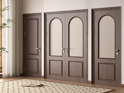 Stylish Brown Wooden Double Doors With Arched Glass Panels In Interior Space Design 3d model