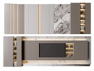 Modern Living Room Feature Wall With Marble Panel Lighting Strips And TV Storage Cabinets 3d model