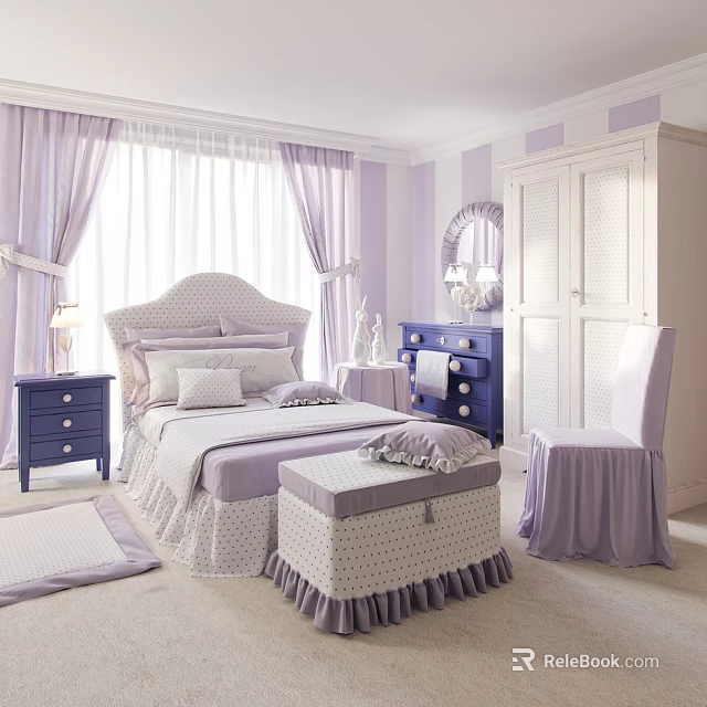Elegant Purple And White Bedroom With Double Bed Nightstand Dresser Chair And Curtains 3d model 