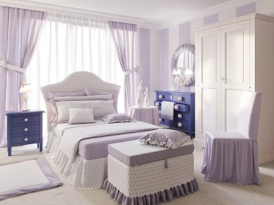 Elegant Purple And White Bedroom With Double Bed Nightstand Dresser Chair And Curtains 3d model
