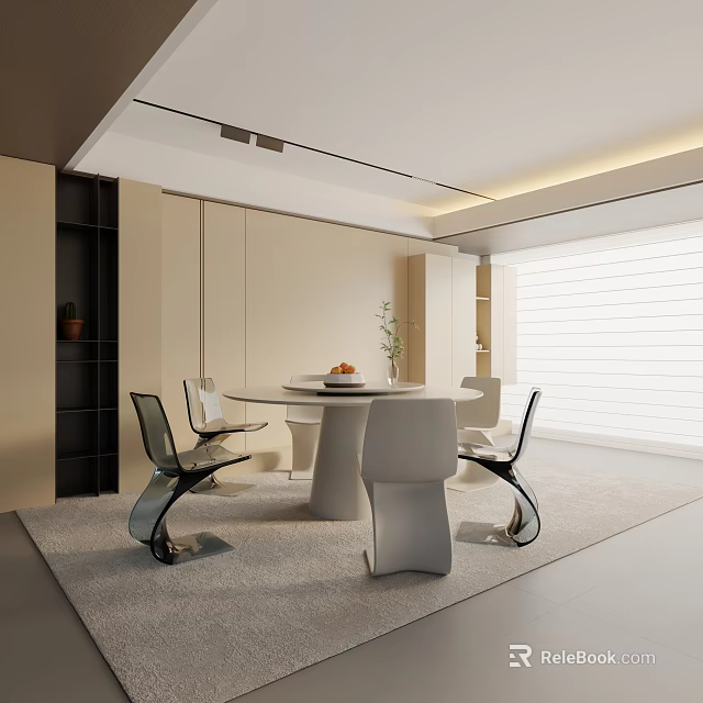 Modern Dining Table Set With Round Table And Stylish Chairs In Light Colored Interior 3d model