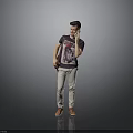 Man Talking on Phone in Dark T-Shirt and Light Pants Carrying Backpack Against Gray Background