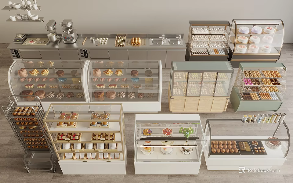 Modern Glass and Wooden Display Shelves for Bakery Pastries Cakes and Bread 3d model 