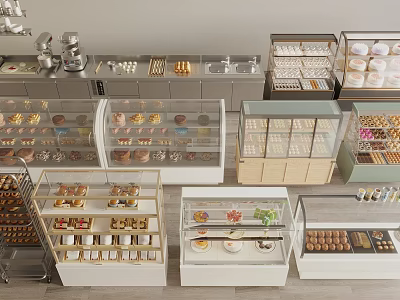Modern Glass and Wooden Display Shelves for Bakery Pastries Cakes and Bread 3d model