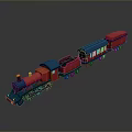 Red And Blue Train Model With Multiple Carriages Yellow Headlights And Shiny Wheels 3d model